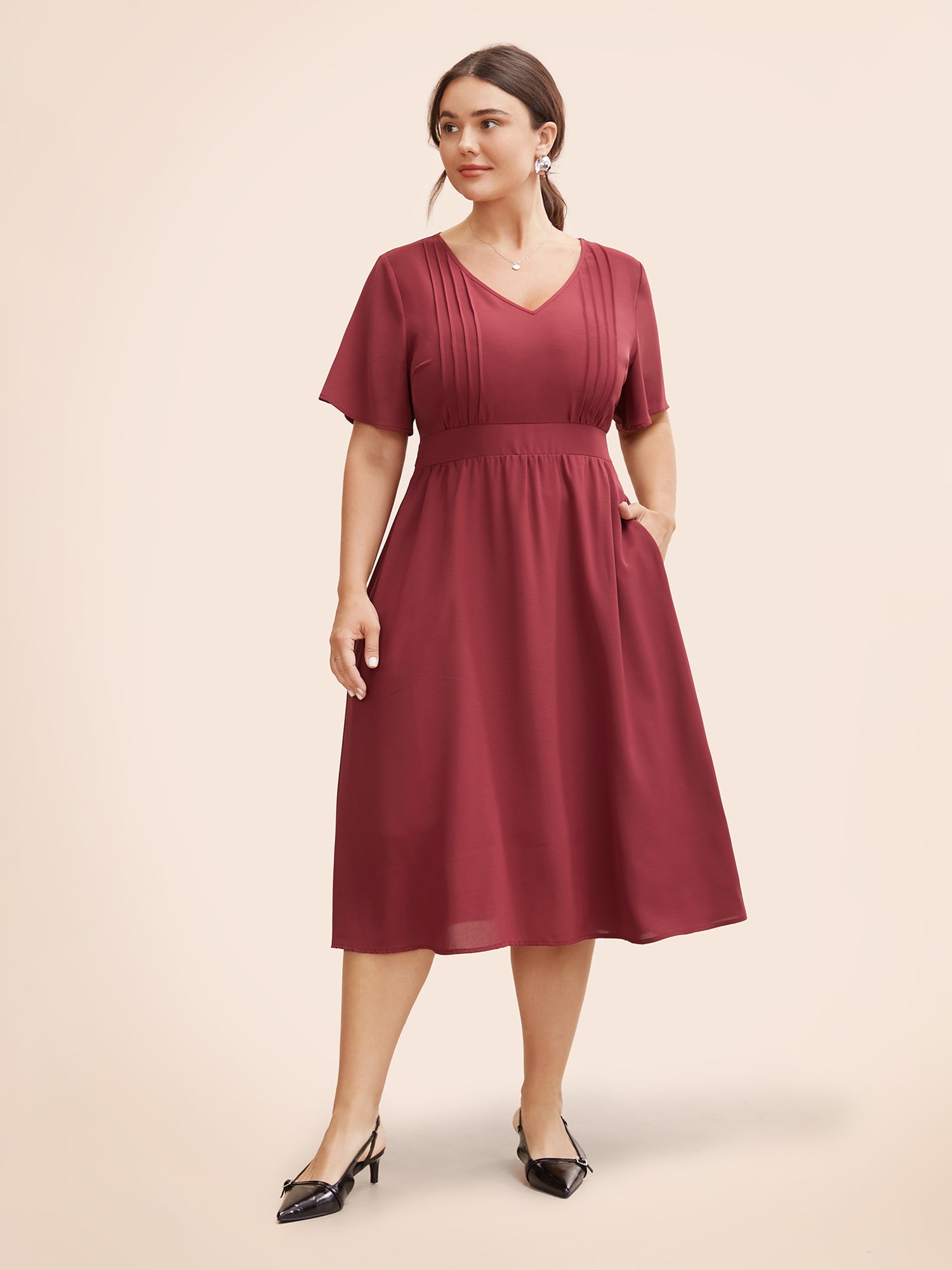 V Neck Pleated Shirred Midi Dress