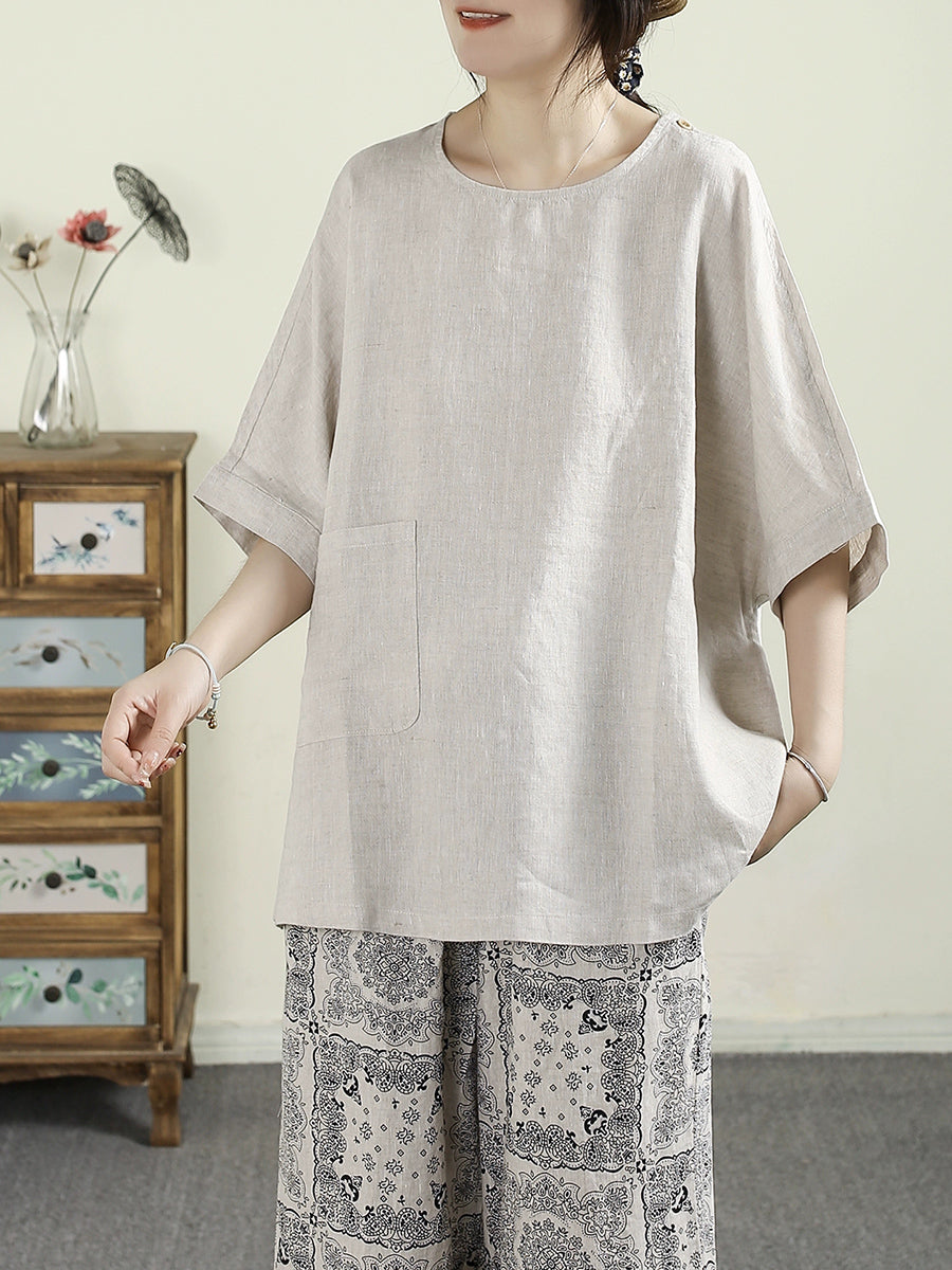Women Summer Vintage Pure Color O-neck 100%Linen Shirt