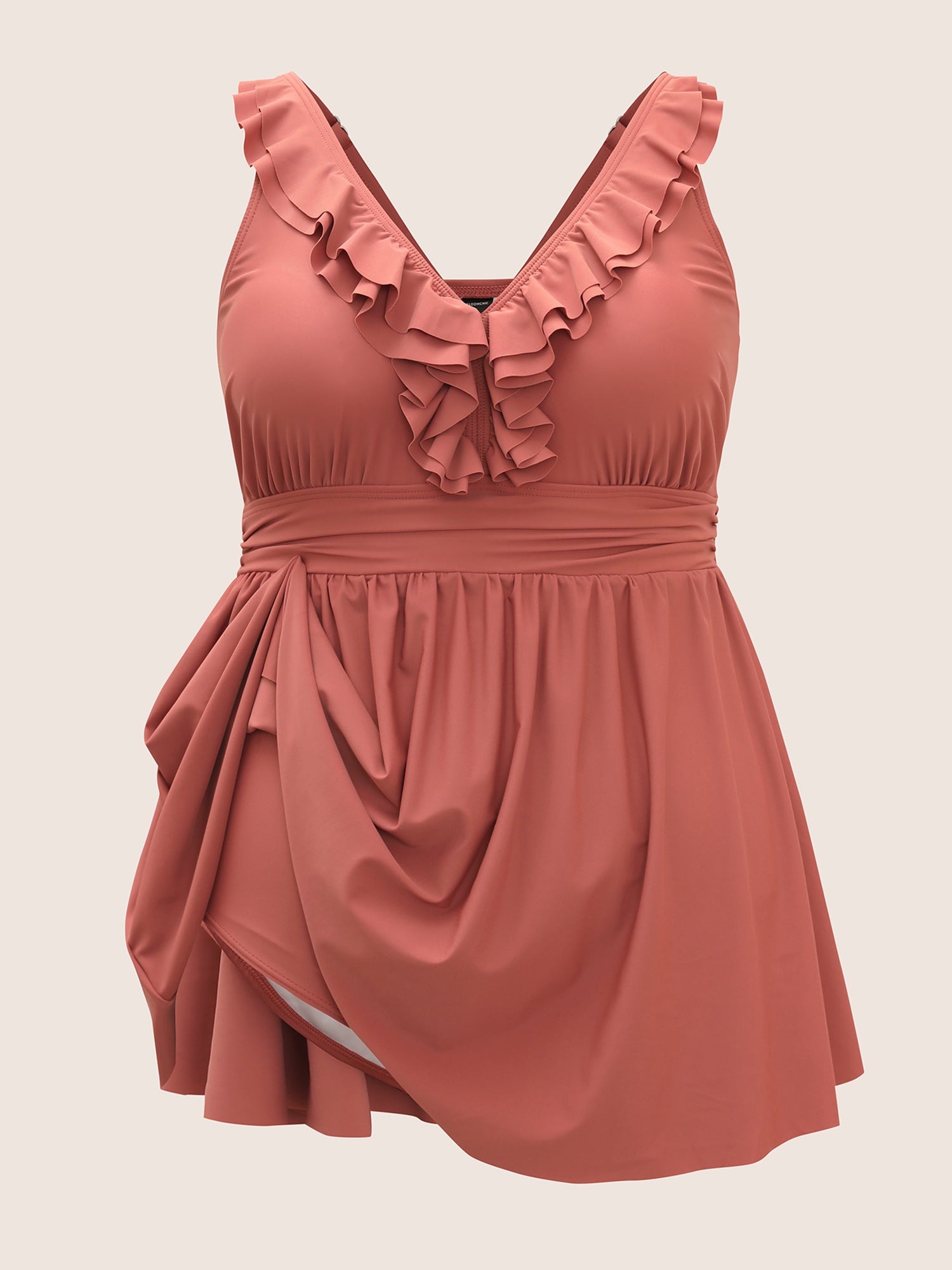 Ruffle Trim Adjustable Straps Gathered Sculpt Waist Swim Dress