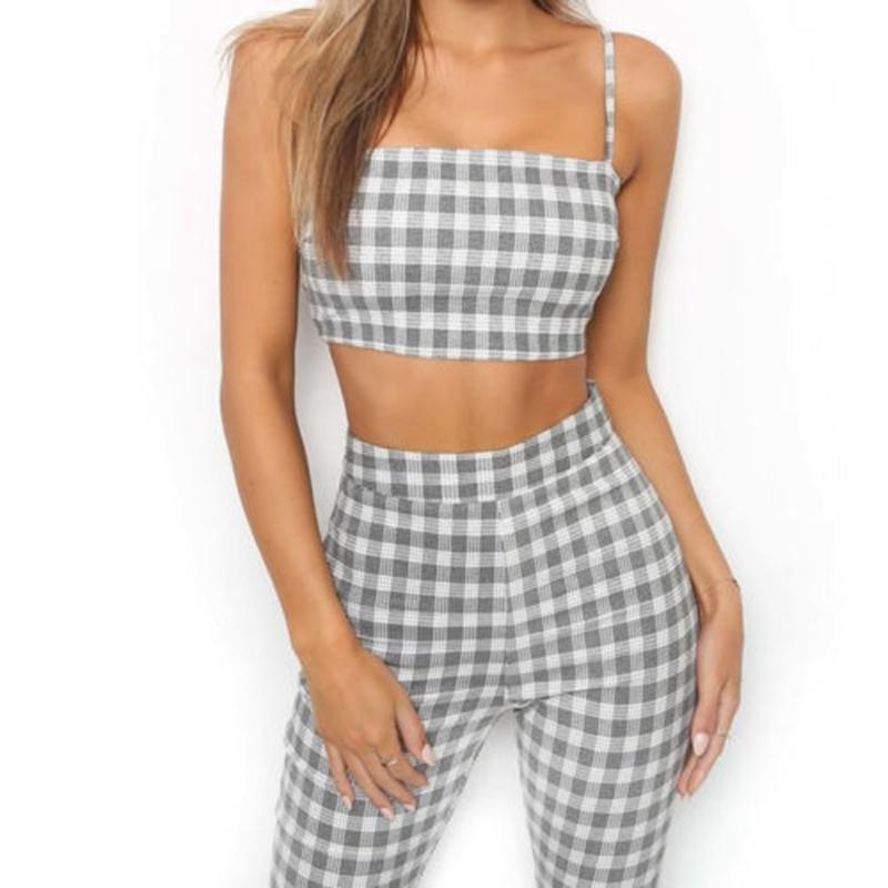 Grey Plaid Cropped Top Flared Pants (2 Piece Set)