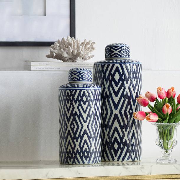 Porcelain Lidded Jar Tall - Blue Chevron