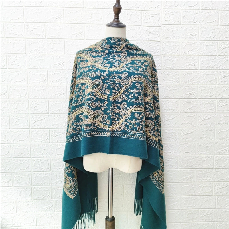 Women's Retro Printing Imitation Cashmere Embroidery Scarf
