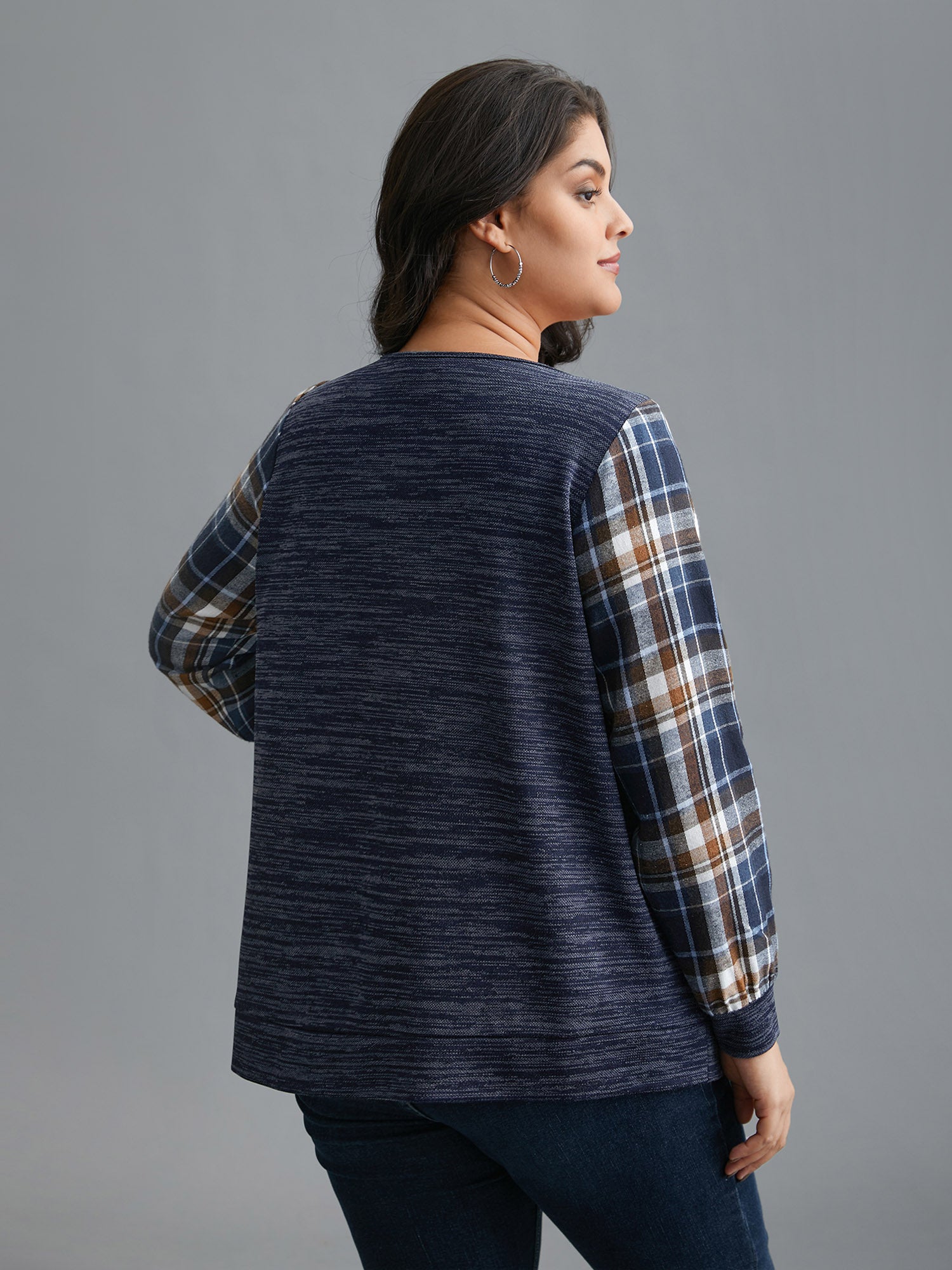 Plaid Sleeve Button Up Patchwork Sweatshirt