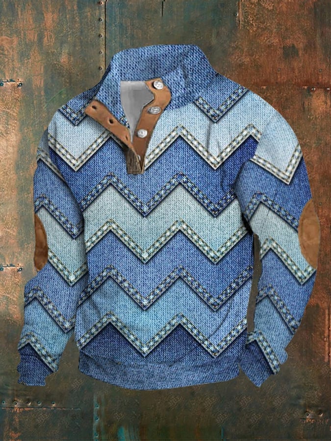 Men's Retro Striped Print Stand Collar Casual Sweatshirt