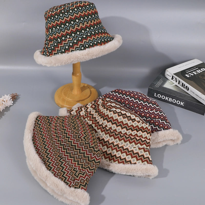 Women's Casual Vacation Ethnic Style Color Block Plush Wide Eaves Bucket Hat