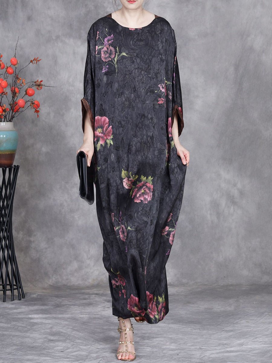Women Summer Vintage Flower Batwing Sleeve O-Neck Loose Dress