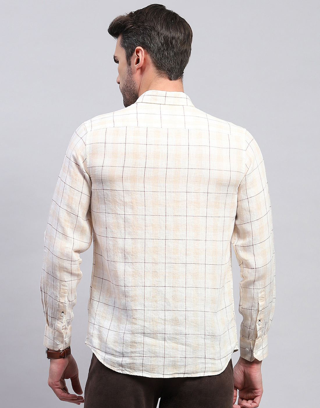 Men Beige Check Collar Neck Full Sleeve Shirt