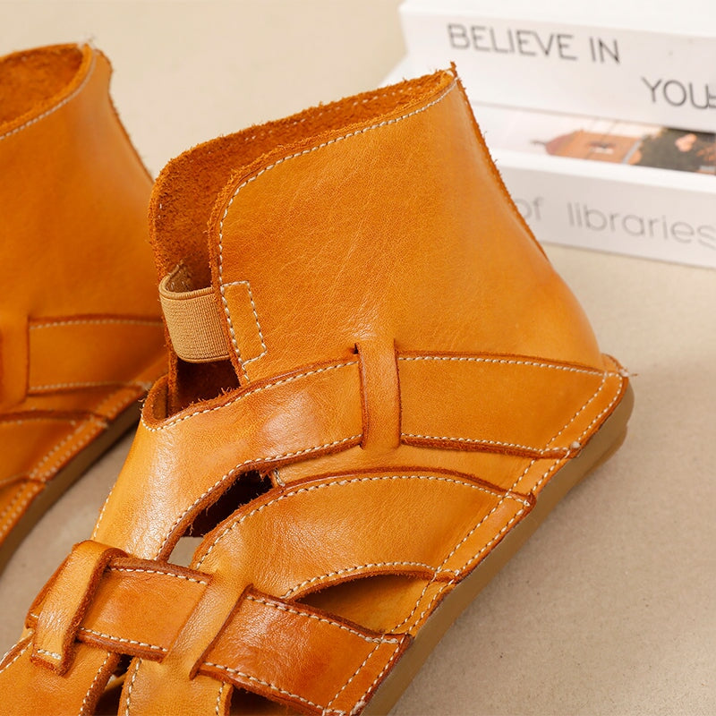 Washed Cowhide Leather Woven High-Top Flats Sandals in Caramel/Black