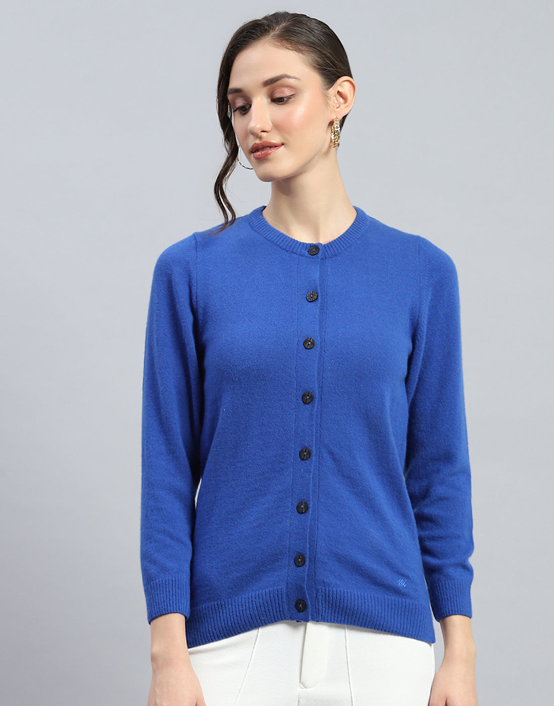 Women Blue Solid Round Neck Full Sleeve Cardigan