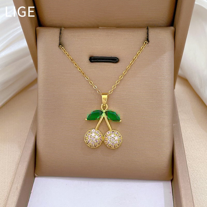Green Leaf Cherry Necklace Earrings Set Micro-Inlaid Personalized Banquet Earrings And Necklace Combination