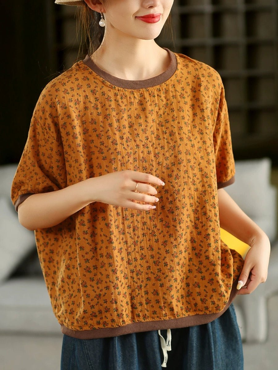 Women Summer Artsy Floral Linen Cotton O-Neck Shirt