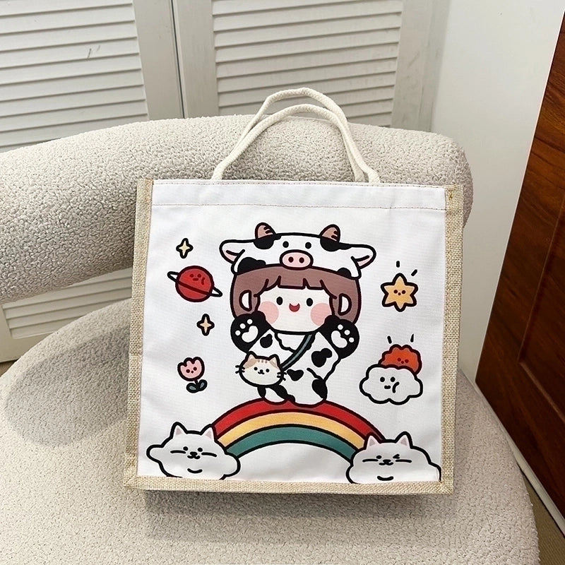 Women's Linen Animal Cartoon Classic Style Sewing Thread Square Zipper Handbag