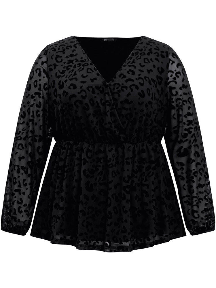 Leopard Flocking Mesh Patchwork Wrap Blouse