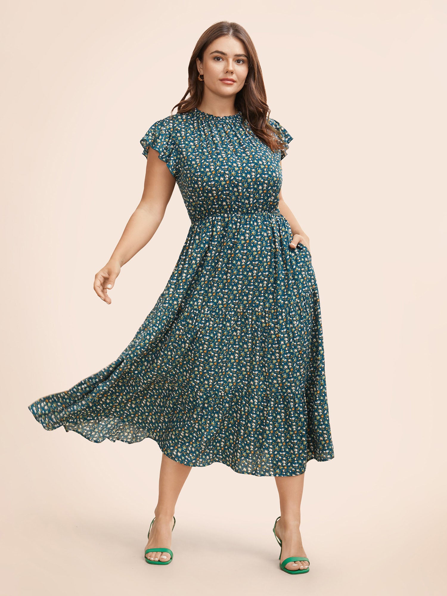 Ditsy Floral Ruffle Cap Sleeve Dress