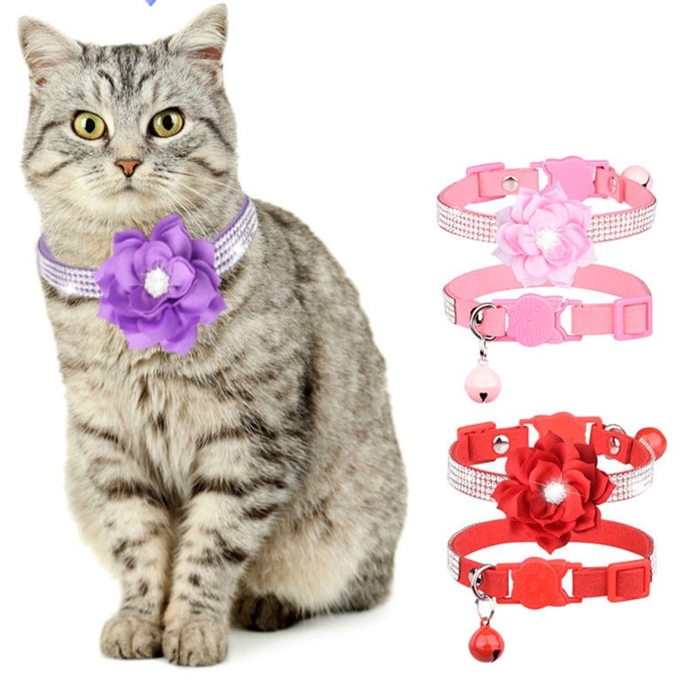 Rhinestone Flower Bell Pet Collar