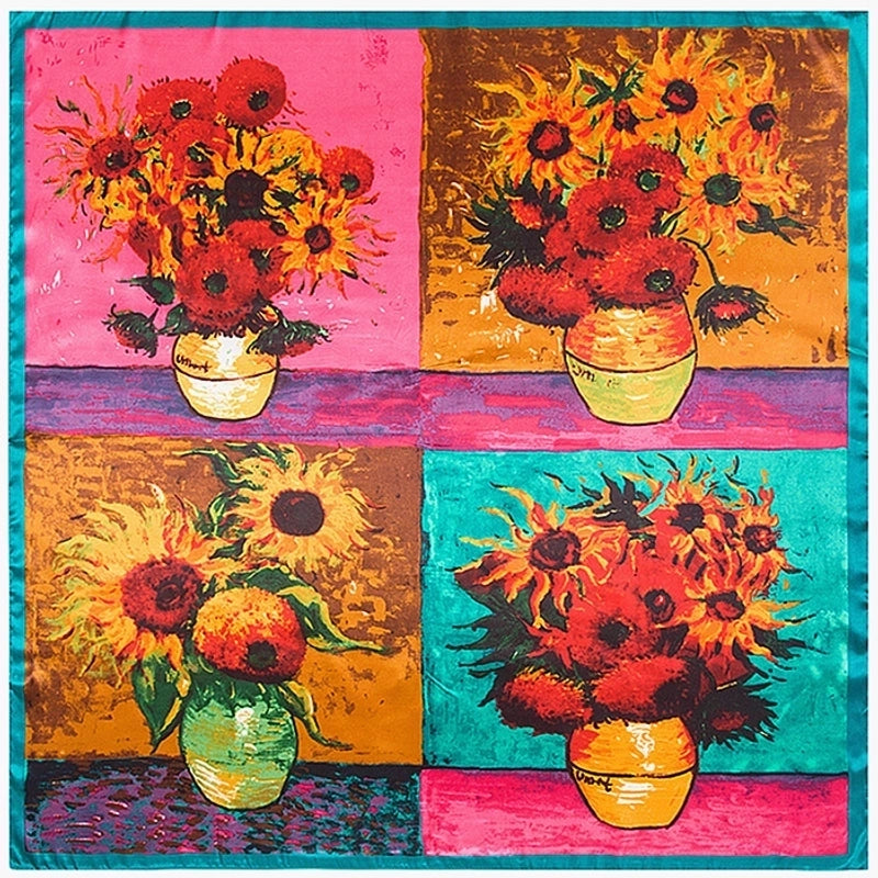 Silk Chain Carriage Oil Painting Flowers Ladies 90cm Square Scarf