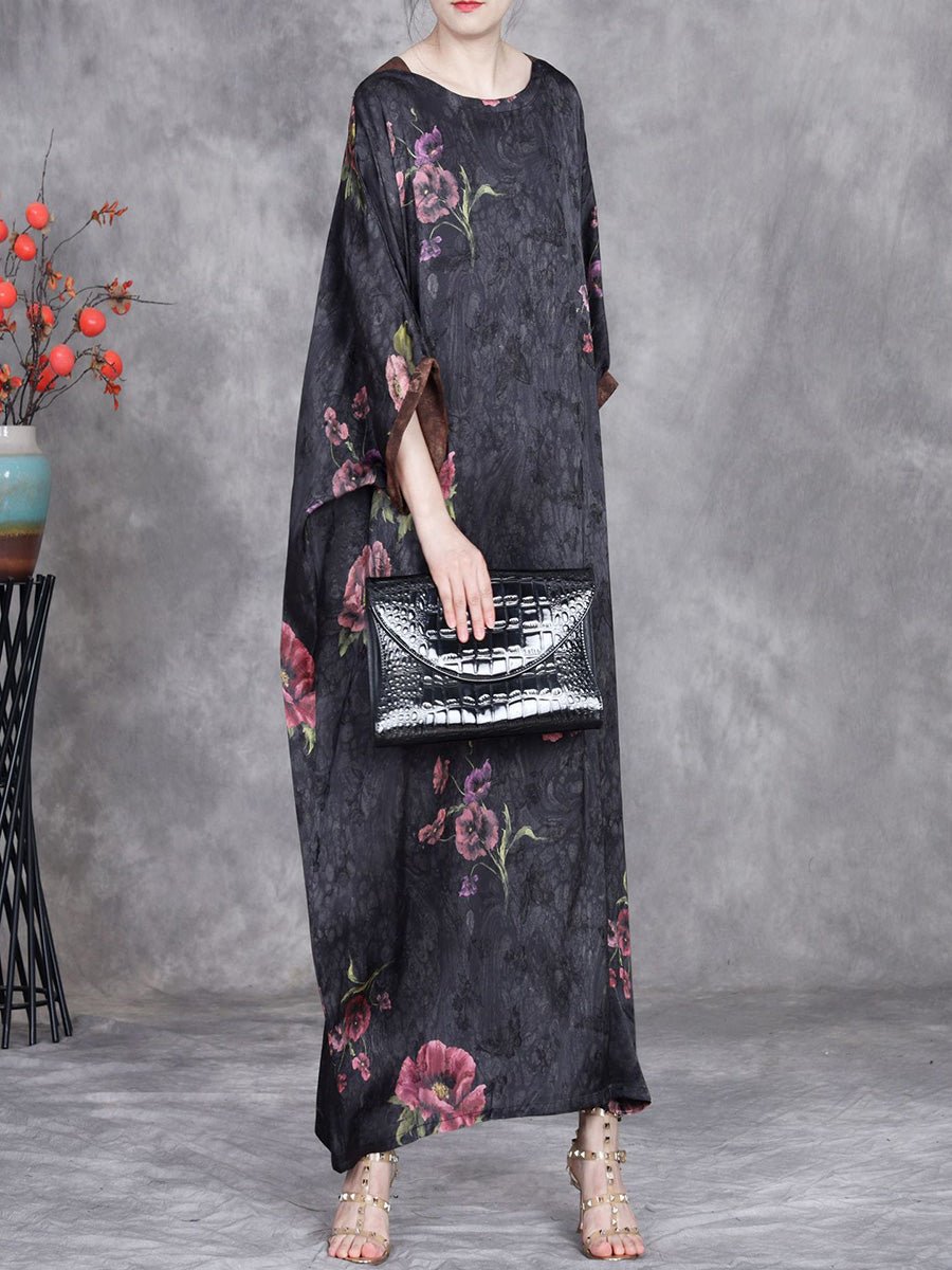 Women Summer Vintage Flower Batwing Sleeve O-Neck Loose Dress