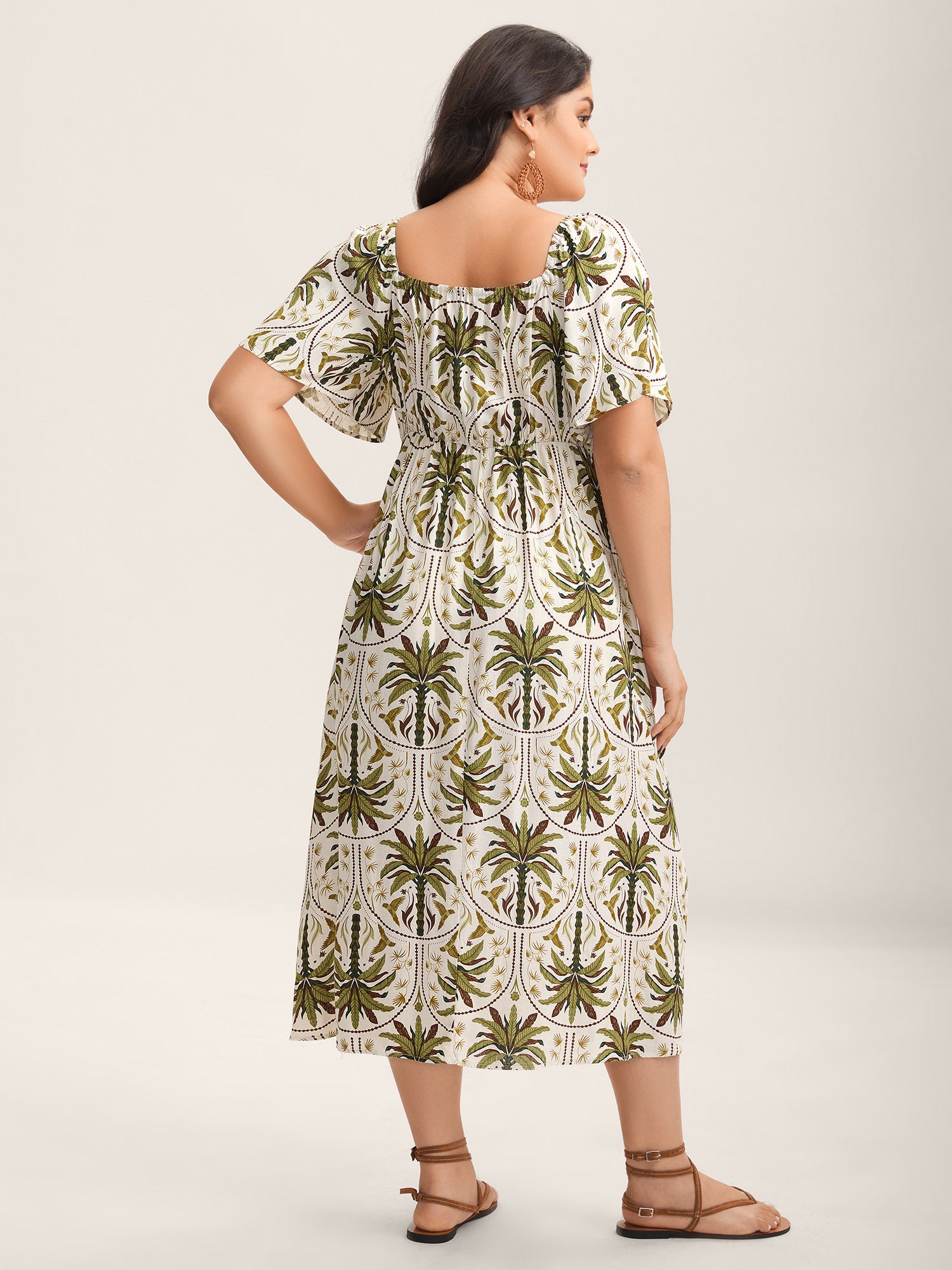 Tropical Print A-Line Slit Midi Dress