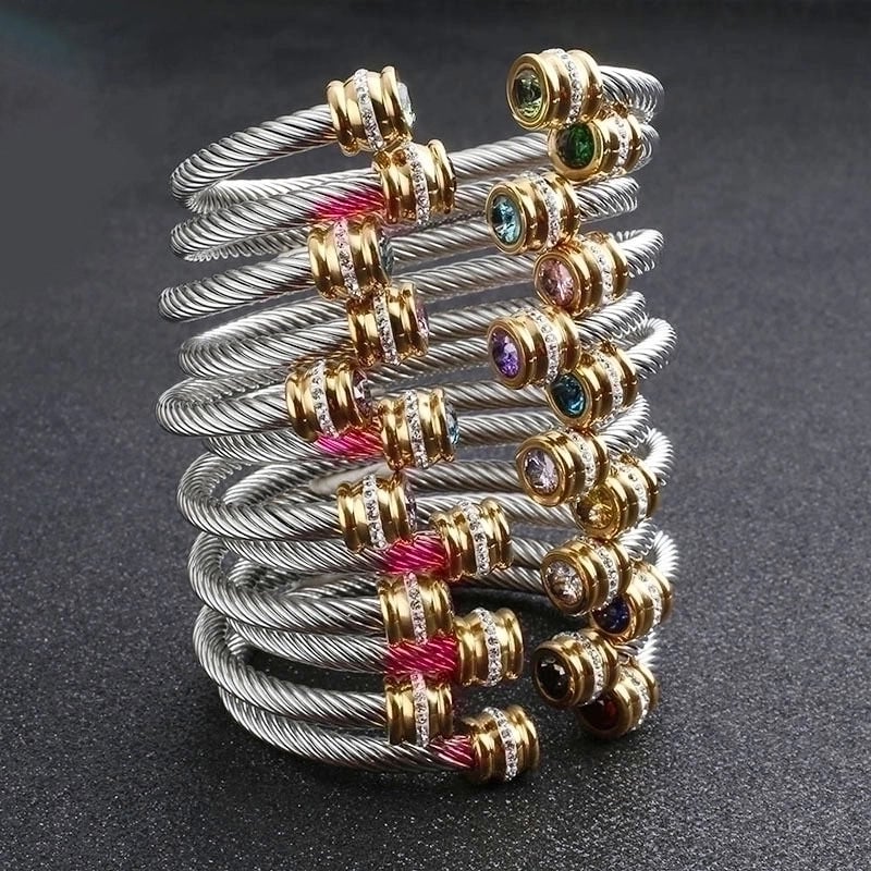 3 Pieces Minimalist Solid Color Stainless Steel Inlay Zircon Cuff Bracelets