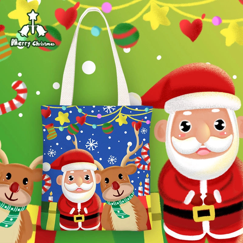 Christmas Women's Medium Canvas Santa Claus Cute Zipper Shoulder Bag Tote Bag