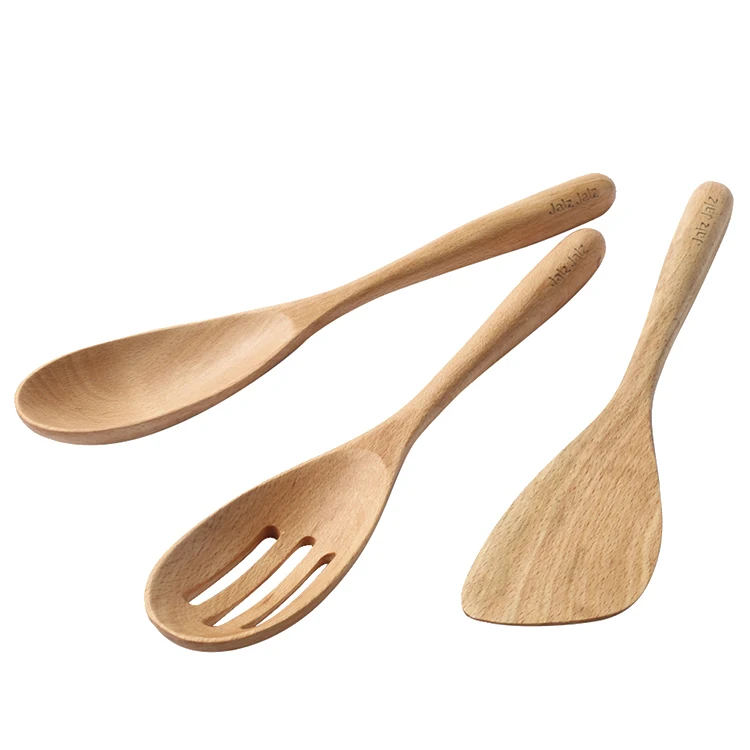 Eco Friendly   Kitchen Beech Wood Solid Spoon Slotted Spoon Spatula Utensil Set of 3