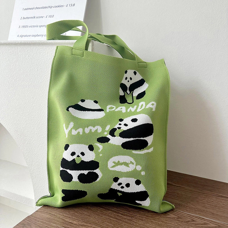 Niche Design Cute Panda Knitted Shoulder Bag Women's Versatile Large Capacity Shopping Commuter Tote Bag Women's Bag