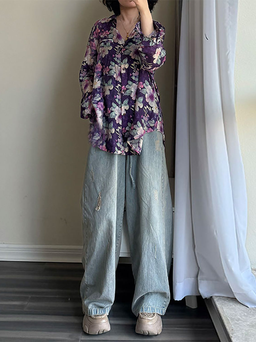 Women Summer Artsy Flower Turn-down Collar Long Sleeve Shirt