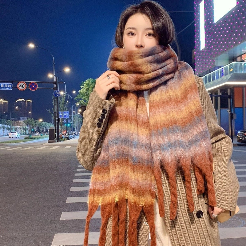 Plaid Scarf Women's Winter High-grade Gradient Mohair Thickened Warm Scarf New Cashmere-like Shawl