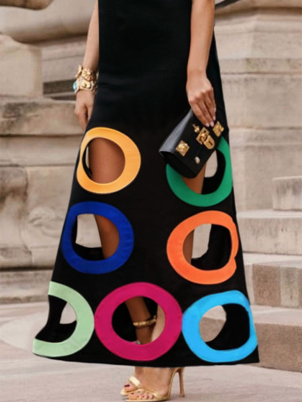 Loose Sleeveless Colorful Hollow Shawl Collar Maxi Dresses