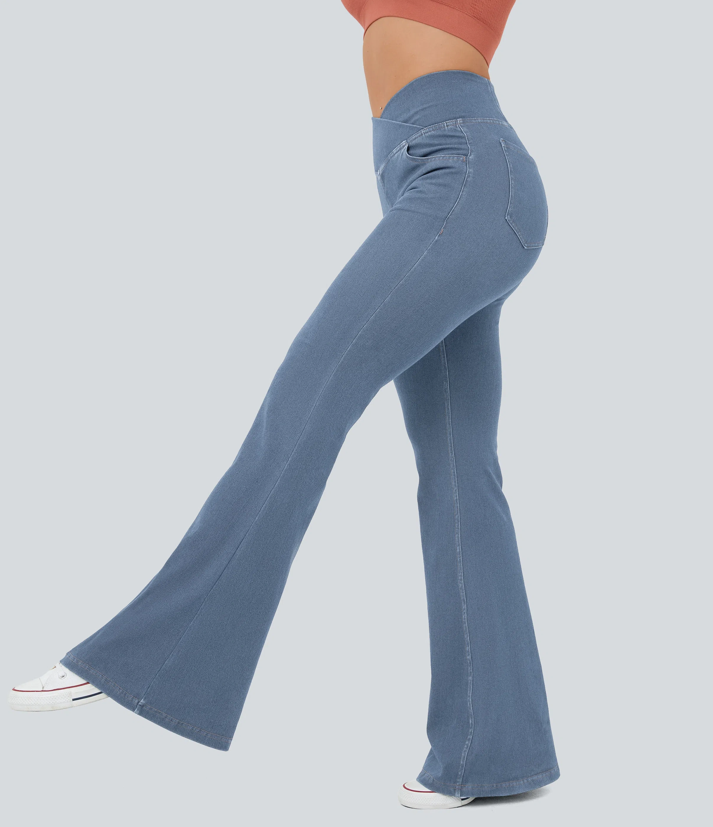 ⚡8 Packs for $25.95⚡- High Waisted Crossover Pocket Washed Stretchy Knit Casual Super Flare Jeans