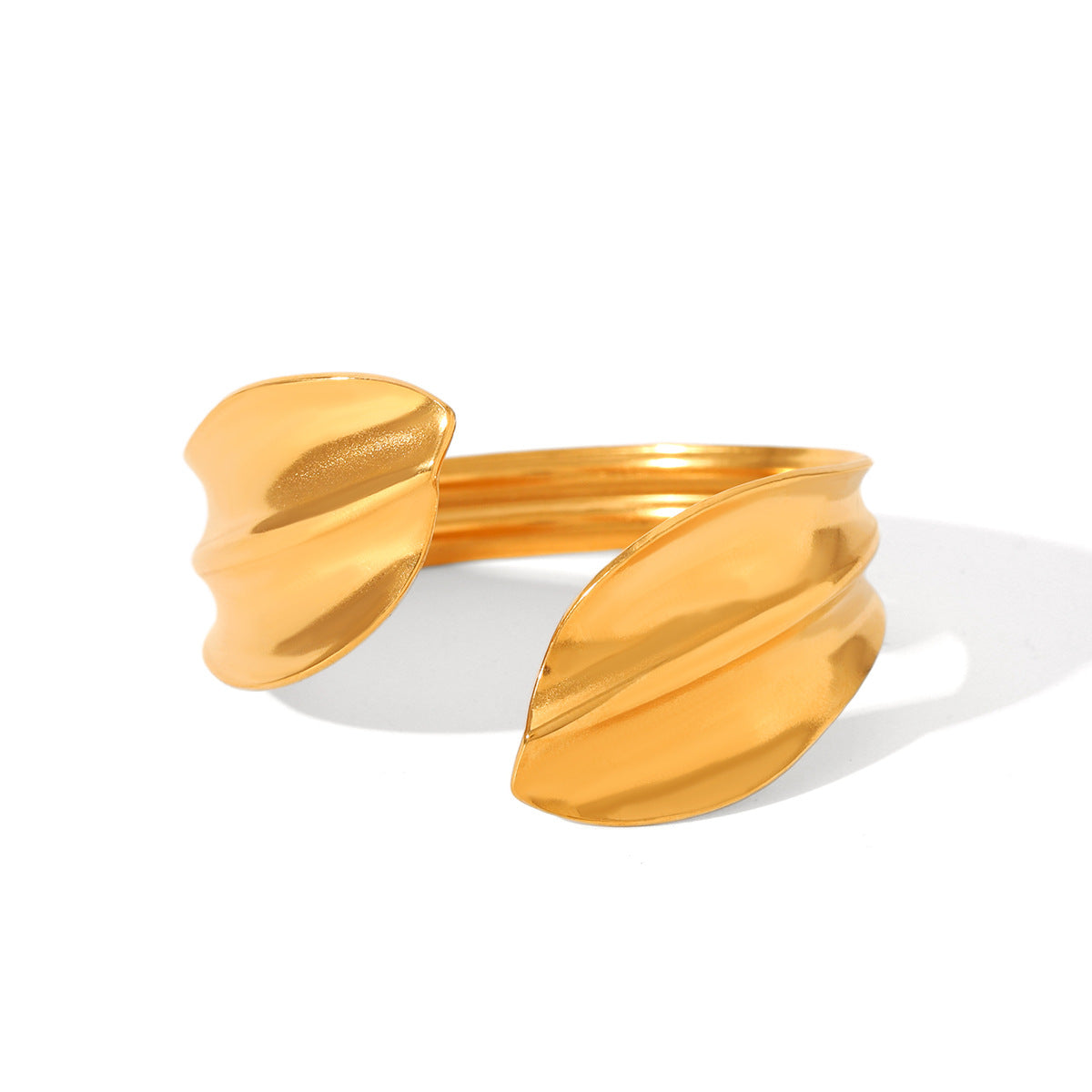 Ins Style Personality Exaggerated Wide Version Pleated Stainless Steel Bracelet 18K Gold Leaf Shaped Open Bracelet