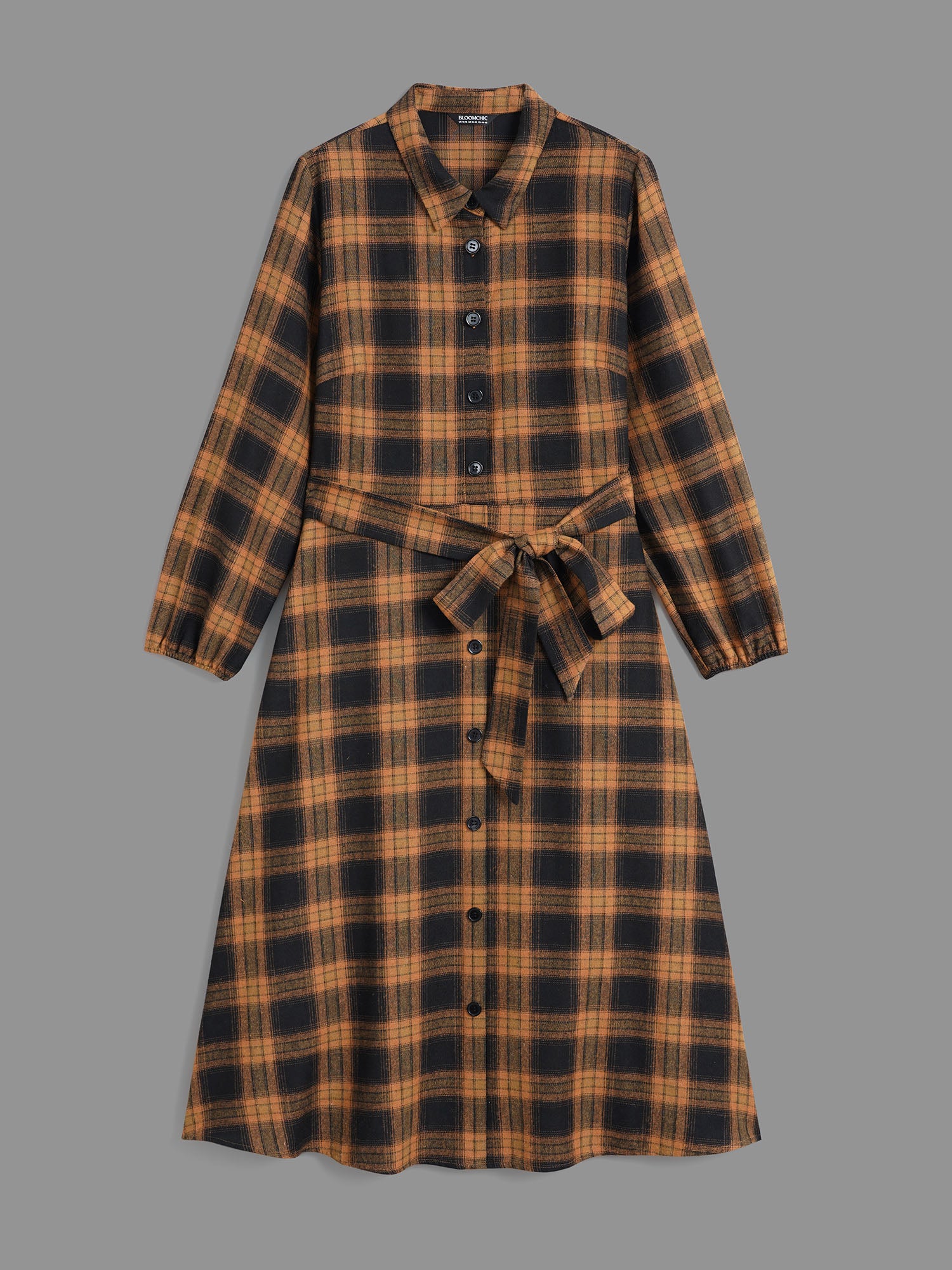 Shirt Collar Plaid Belted Midi Dress