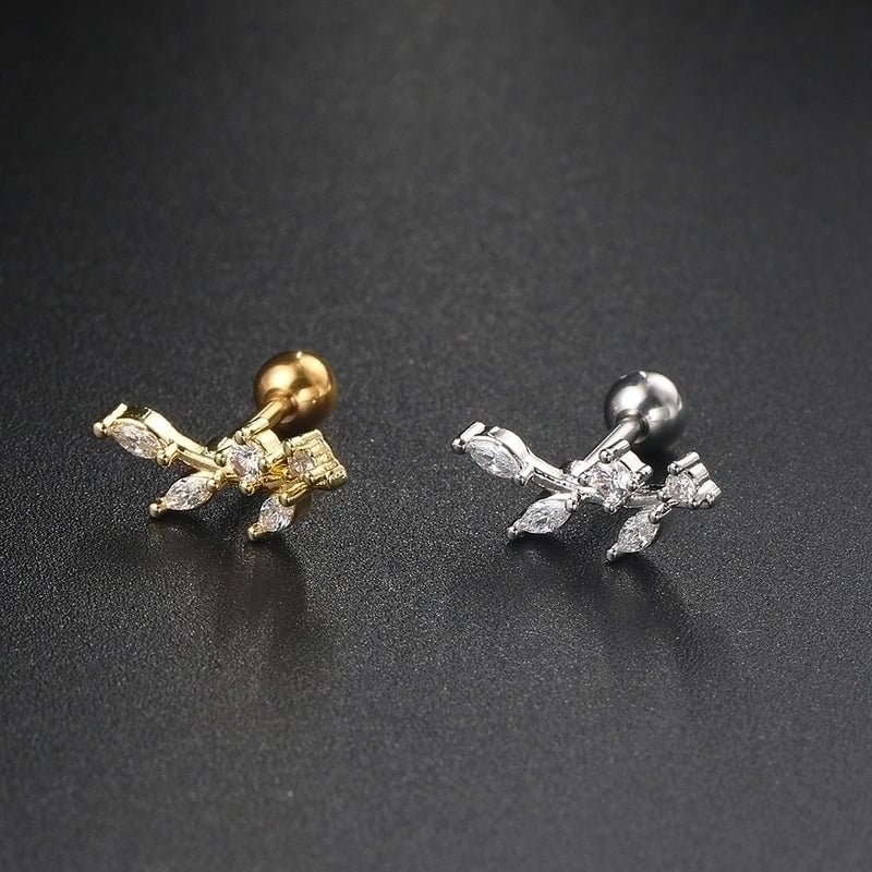 1 Piece Minimalist Leaf Inlay Copper Zircon Ear Studs