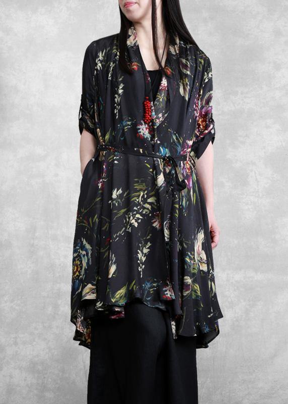 Organic Black Print Plus Size Clothes Tie Waist Cardigan Coat