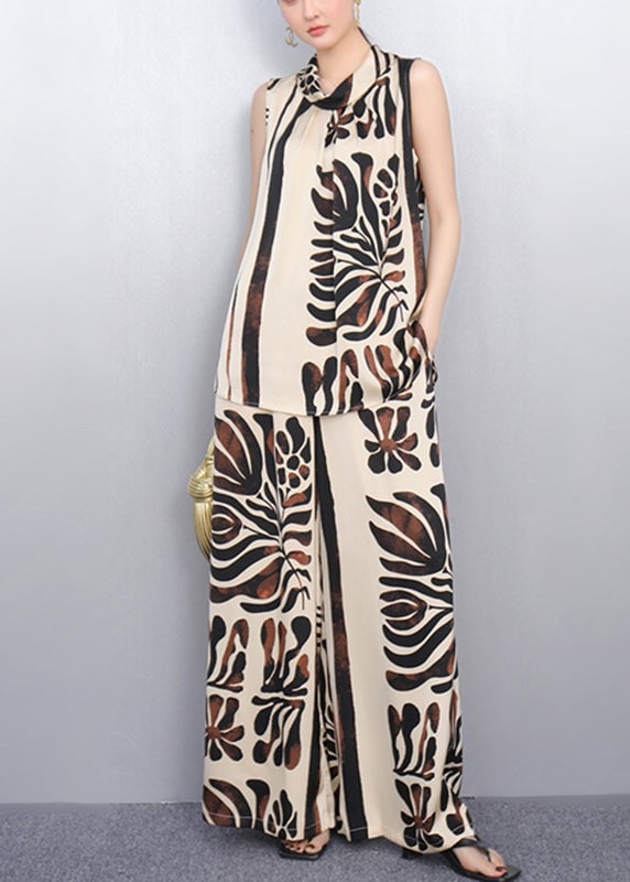 Khaki Turtleneck T Shirt And Wide Leg Pants Two Piece Set Sleeveless