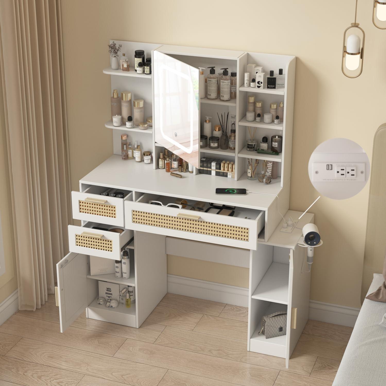 Makeup Vanity with Lights in 3 Colors and Power Outlet 43.6inch Big Vanity Table