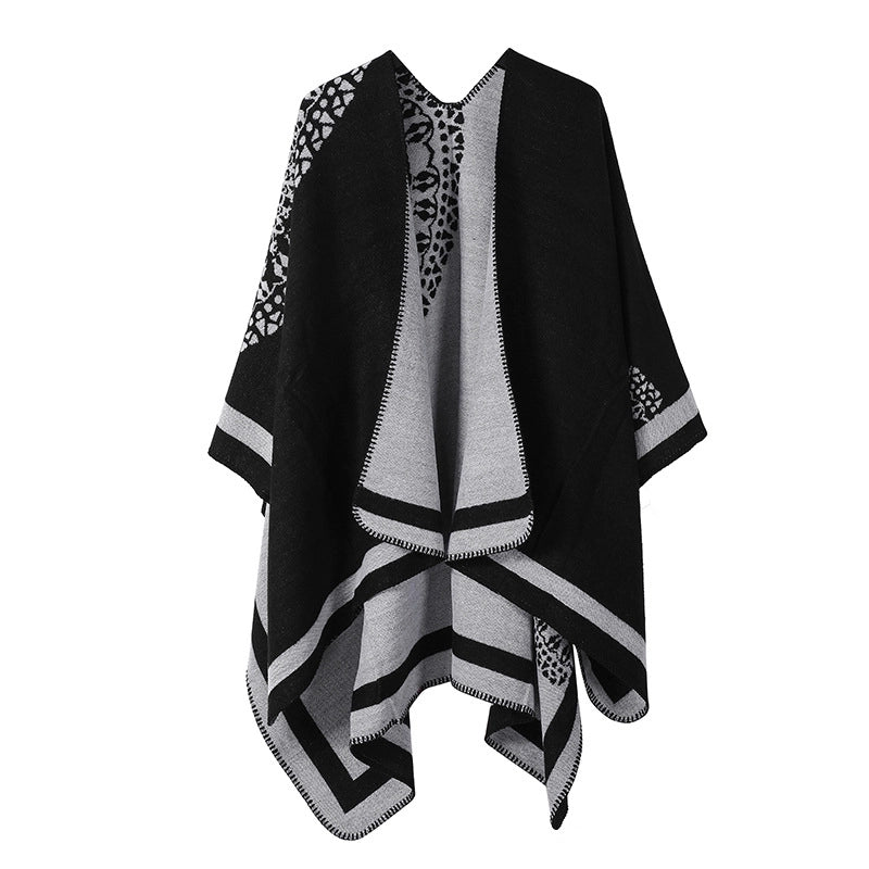 Winter Cashmere Double-sided Plaid Shawl Women's Outer Cape Increased Thickness Warm Knitted Scarf Spot