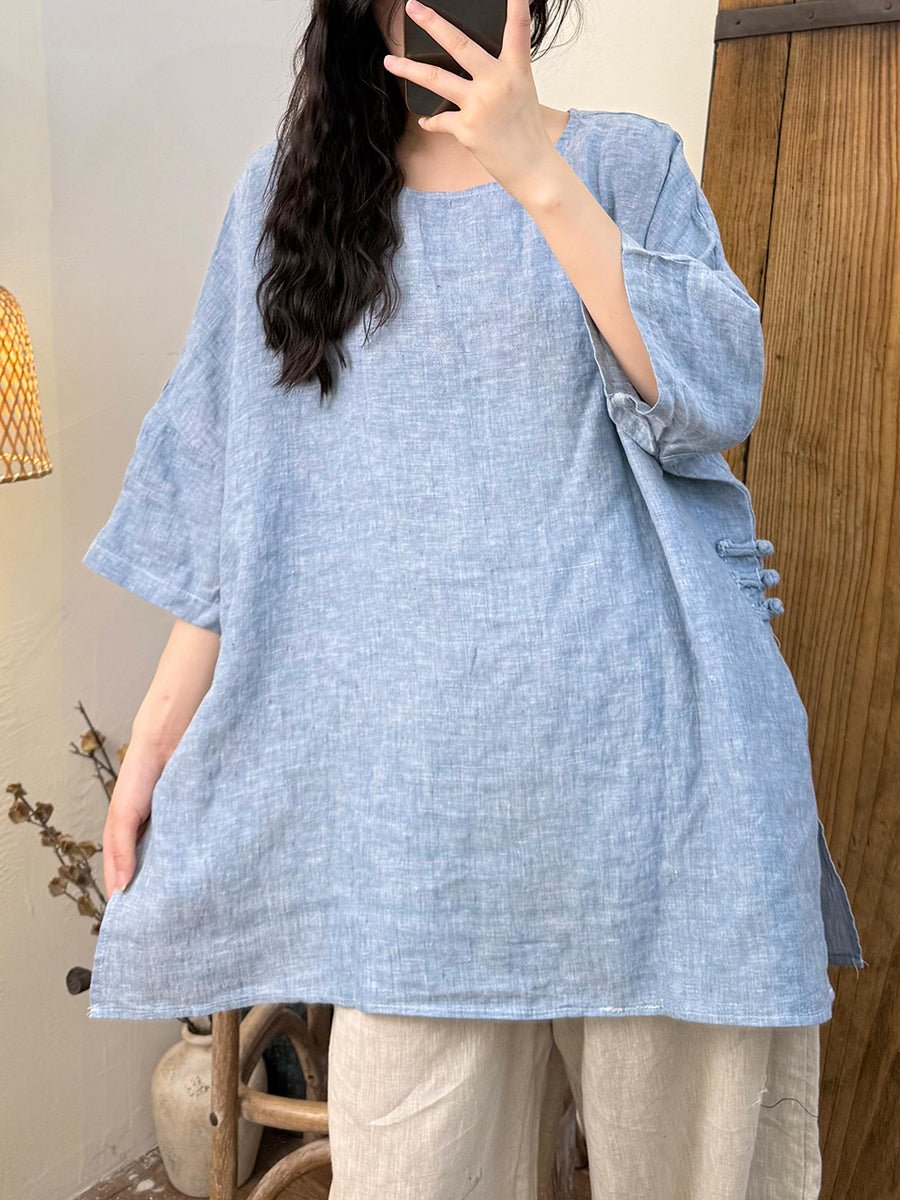 Women Summer Vintage Pure Color O-Neck Hemp Shirt
