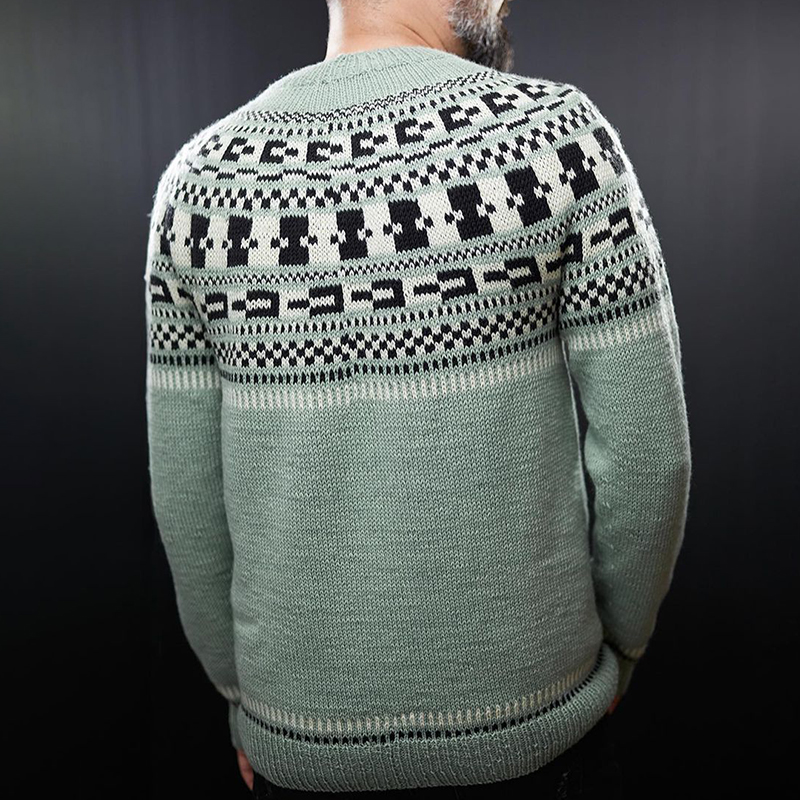 Vintage Mint Green Geometry Knitted Jacquard Iceland Crew Neck Sweater