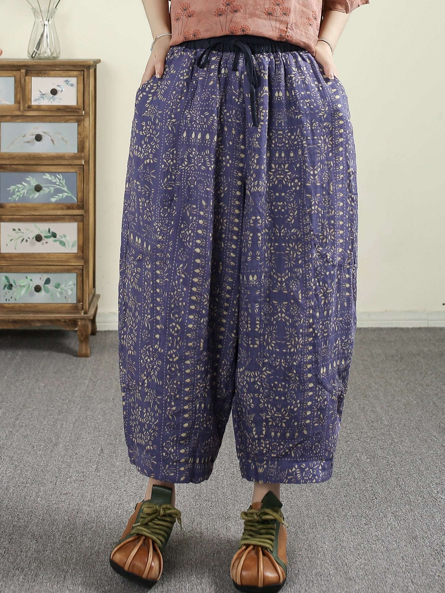Women Summer Ethnic Print 100%Ramie Harem Pants
