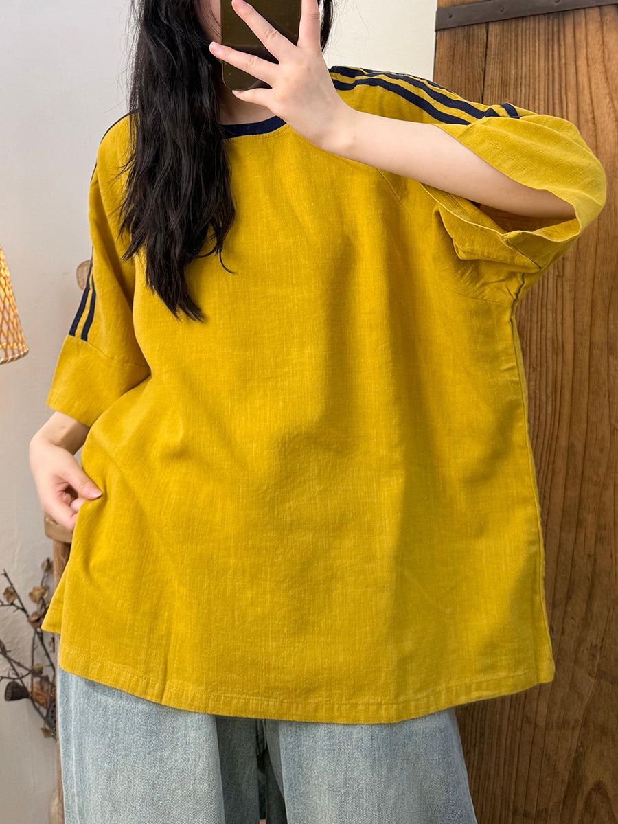 Women Summer Casual Srtipe Spliced O-Neck Linen Shirt