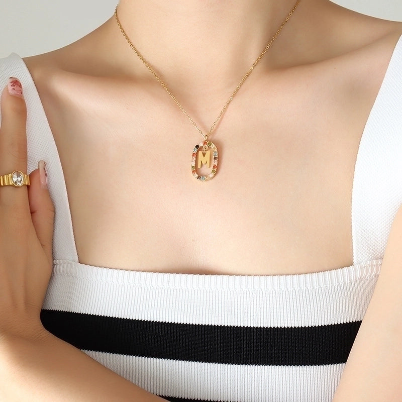 INS Style Letter Oval Titanium Steel Zircon 18K Gold Plated Inlay Necklace