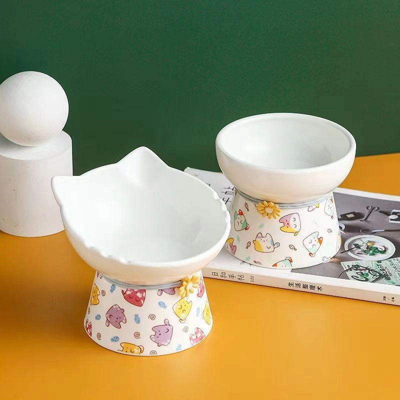 Cat Bowl Ceramic Cat Food Basin Dog Bowl Anti-overturning Integrated High Foot Inclined Mouth Cute Cat Shape Drinking Water Food Basin Pet