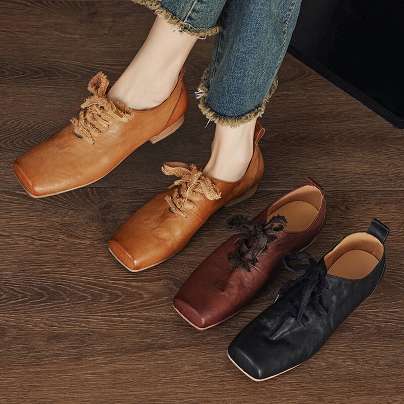 All Leather Retro Mary Jane Ballet Flats with Lace up Square Toe in Black/Coffee/Brown