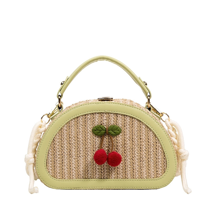 Women's Small Straw Color Block Cherry Streetwear Lock Clasp Handbag Crossbody Bag