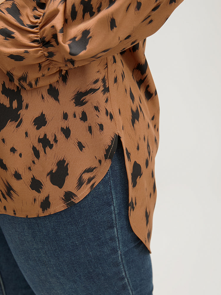 Leopard Print Button Up Split Hem V Neck Blouse