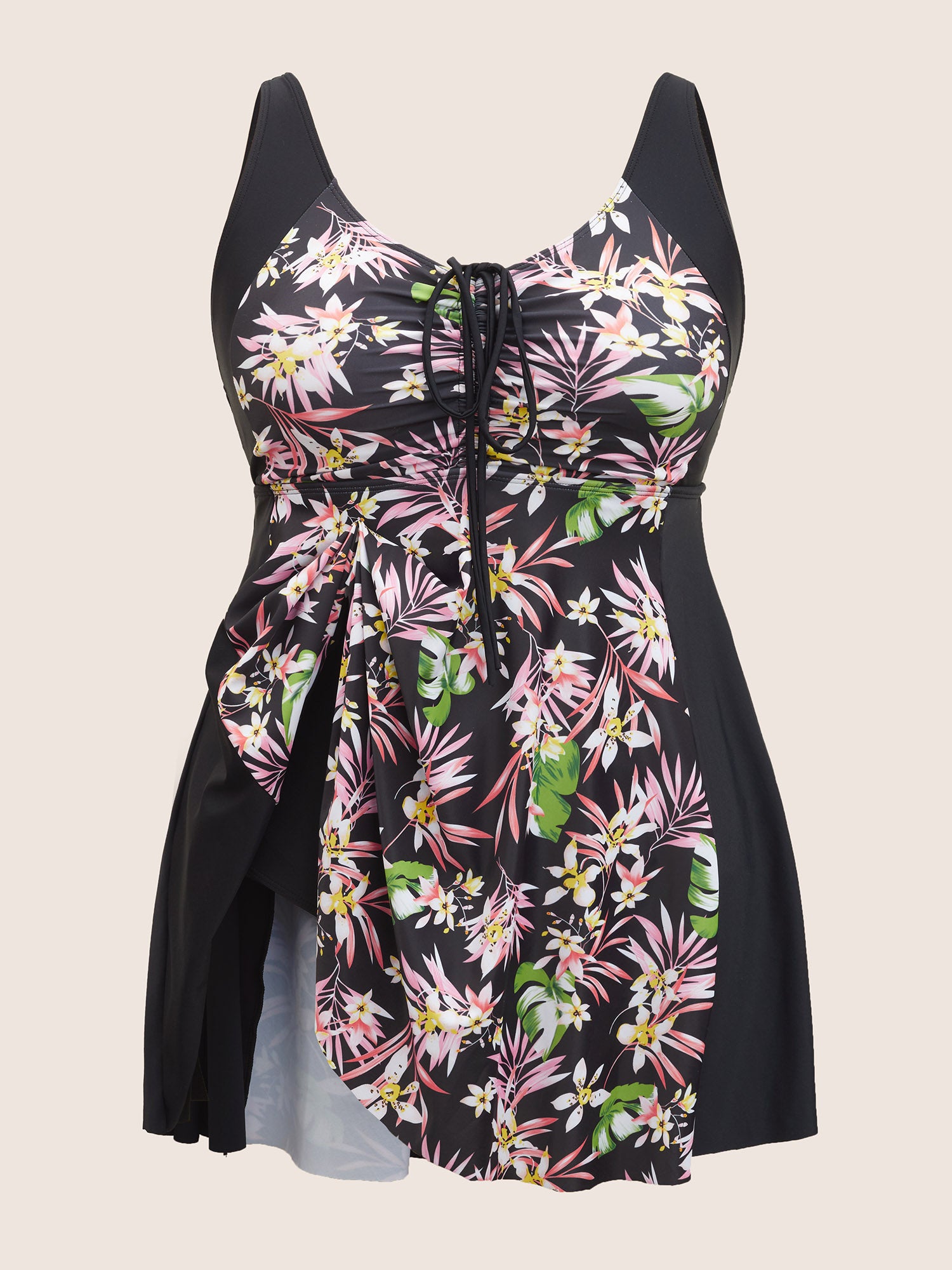 Tropical Print Patchwork Drawstring Swim Dress