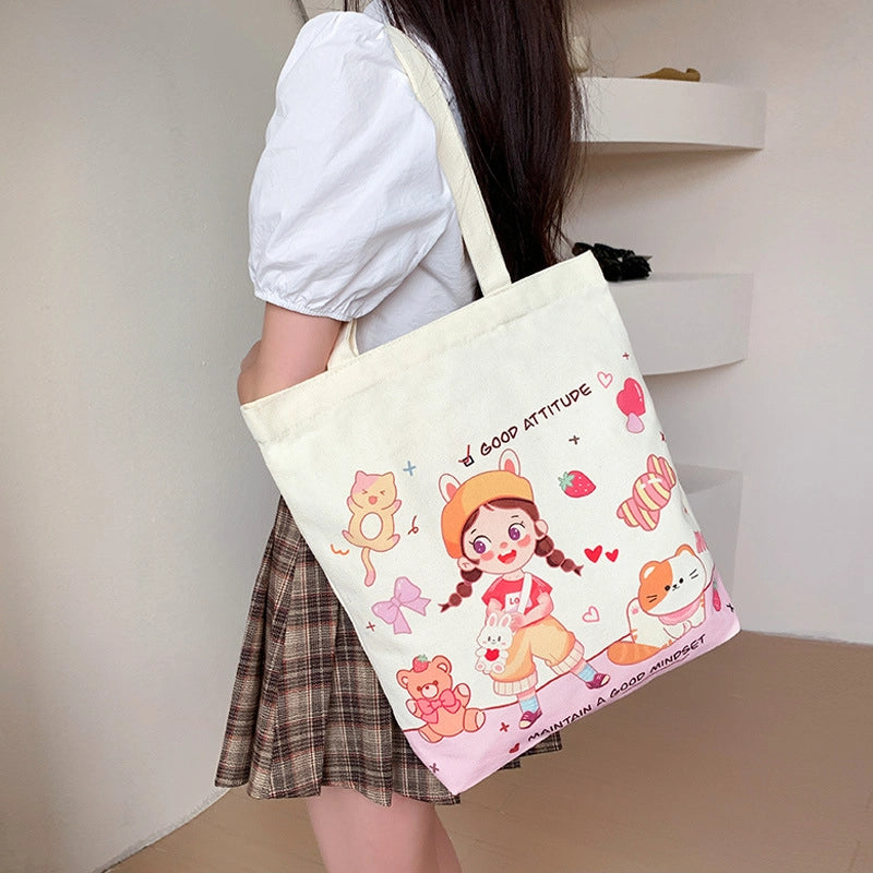 Women's Medium Canvas Cartoon Cute Square Zipper Shoulder Bag