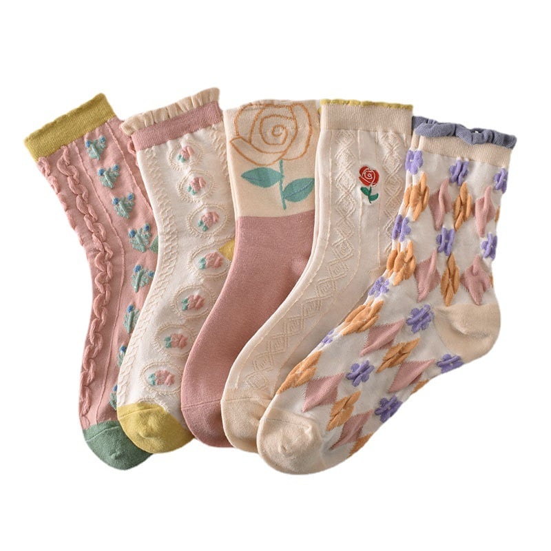 49%OFF-5 pairs of women's pink floral cotton socks