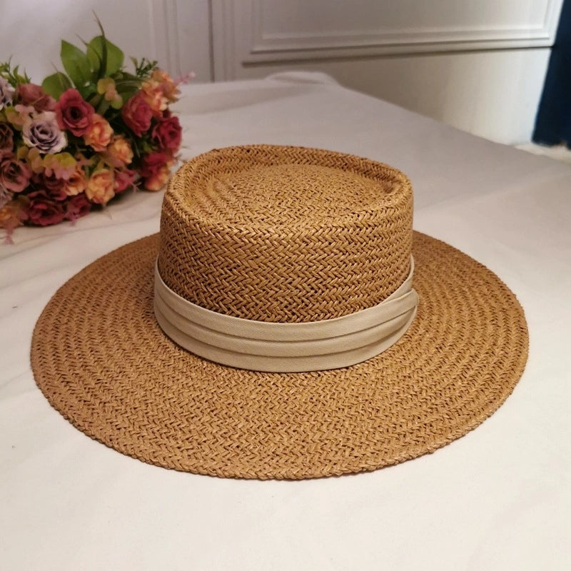 Hard Top Straw Hat Women's Summer Seaside Flat Top Big Brim Hat Leisure Holiday Beach Hat Flat Rim Ceremony Hat